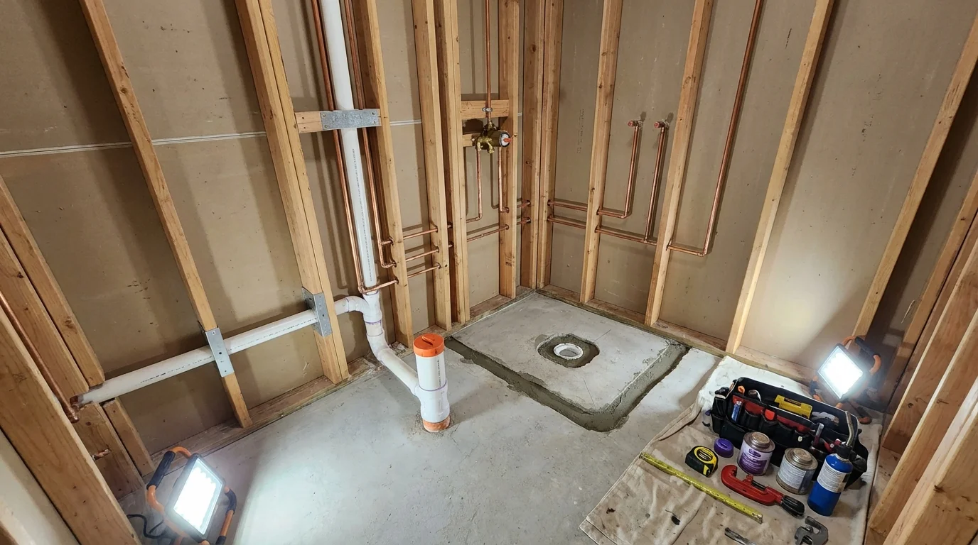 Bathroom rough-in plumbing during remodel by Johns Plumbing LLC in Hammond